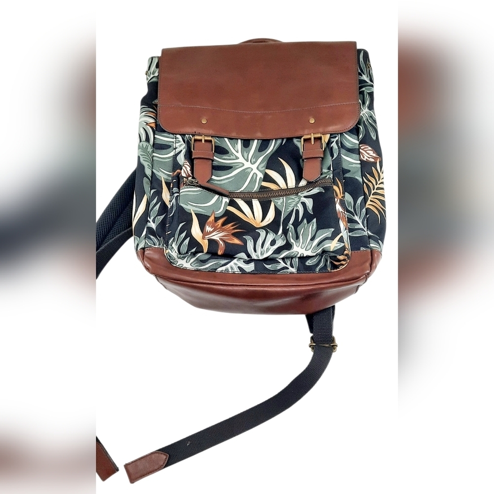 Fossil Miles Backpack Canvas And Leather Monstera Leaf Pattern